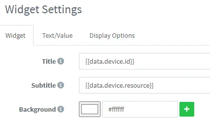 Widget settings with data.device.id as title and data.device.resource as subtitle placeholders