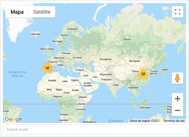 Assets Map widget with clusters of 47 assets in Spain and 12 in China, and a Search Asset box