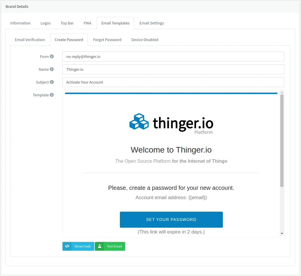 Email Templates tab of a brand on the Create Password template, with sender, subject Activate Your Account, a preview and Show Code and Test Email buttons