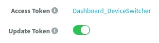 Shared dashboard settings with the Dashboard_DeviceSwitcher access token and the Update Token switch on