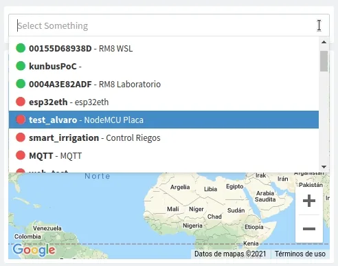 Animation of a Source Switcher dropdown listing devices; selecting NodeMCU Placa updates the map widget below