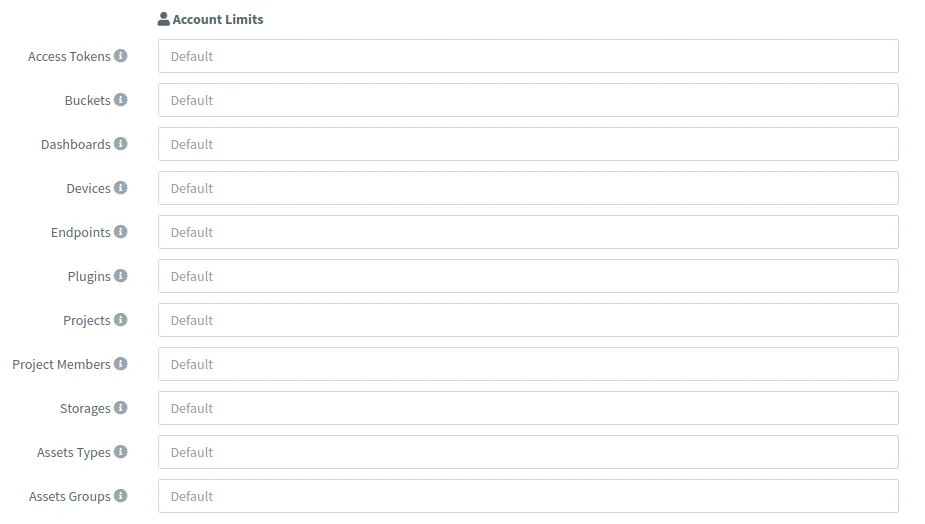 Account Limits of a user with default values for access tokens, buckets, dashboards, devices, endpoints, plugins, projects, project members, storages and asset types and groups
