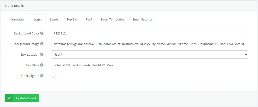 Login tab of a brand with background color, background image, box location Right, box style and the Public Signup switch off