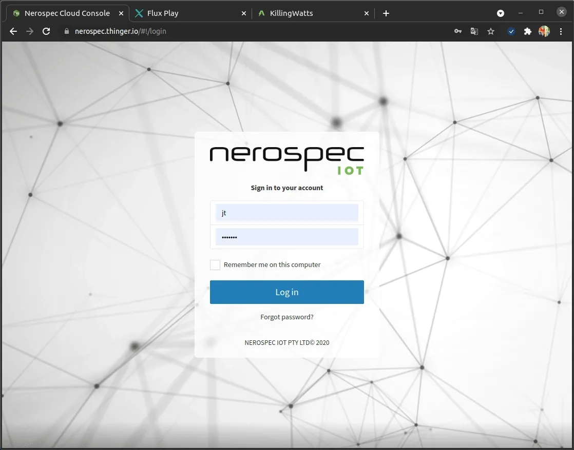 Animation of three branded login pages on Thinger.io servers, for Nerospec IoT, Flux Play and KillingWatts, each with its own logo, background and form position