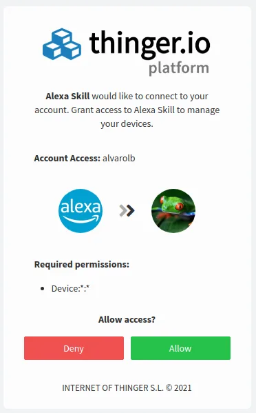 Authorization page where Alexa Skill asks for access to the alvarolb account with Device permissions, and Deny and Allow buttons