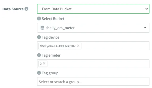 Widget data source from the shelly_em_meter bucket filtered by the device and emeter tags