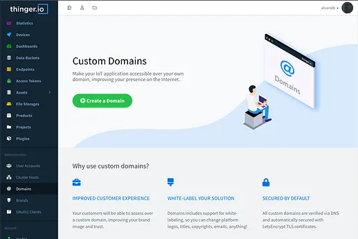 Custom Domains landing page with a Create a Domain button and the reasons to use custom domains