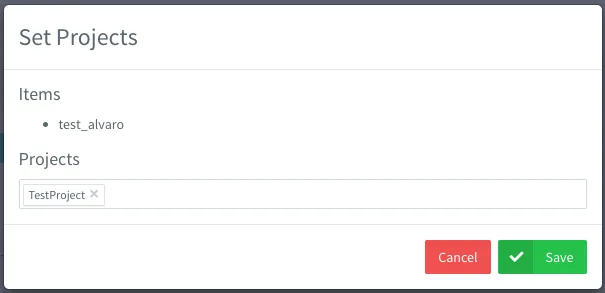 Set Projects dialog for test_alvaro with TestProject already selected
