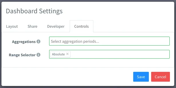 Controls tab of the Dashboard Settings with an Aggregations field and the Range Selector limited to Absolute