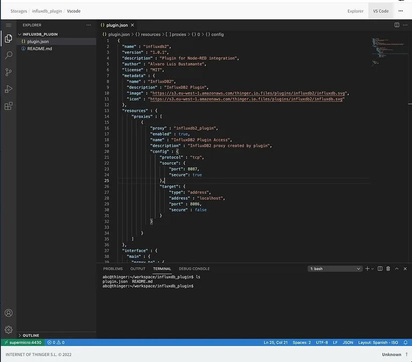 VS Code tab of the influxdb_plugin storage editing plugin.json, with a bash terminal below