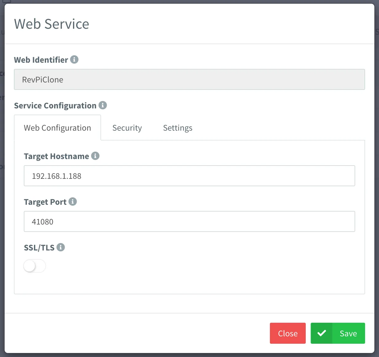 Web Service dialog for RevPiClone targeting 192.168.1.188 on port 41080 without SSL/TLS