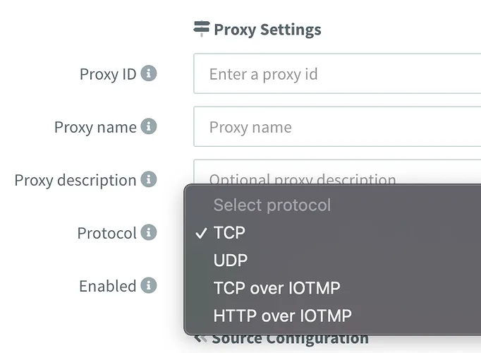 Proxy Settings form with the Protocol dropdown open: TCP, UDP, TCP over IOTMP and HTTP over IOTMP