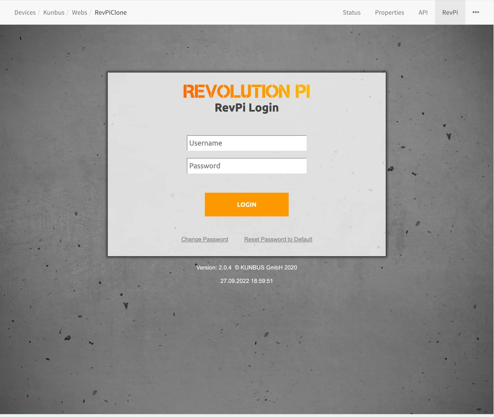 RevPi login page shown inside the RevPi tab of the RevPiClone device in the console