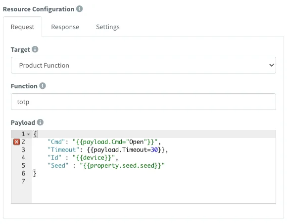 Product API resource Request tab with Product Function as target, the totp function and a payload with property and payload placeholders