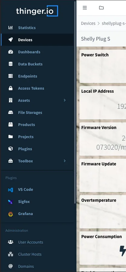 Console in the mobile view with the side menu open over the dashboard of a Shelly Plug S device
