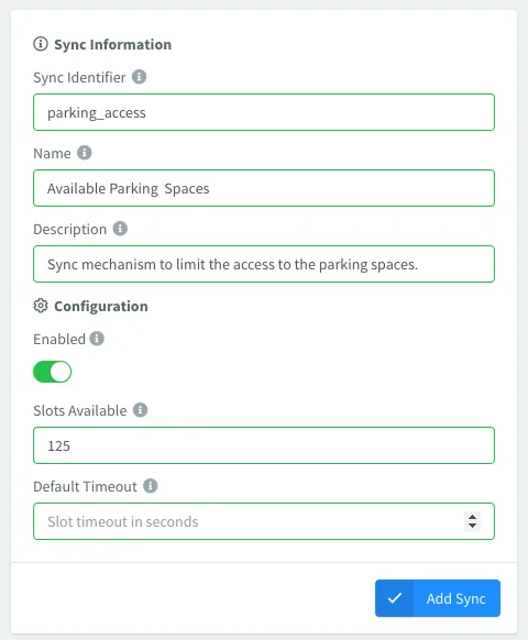 Sync form for parking_access, Available Parking Spaces, with 125 slots available and an empty default timeout