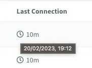 Last Connection column showing 10m with a tooltip reading 20/02/2023, 19:12