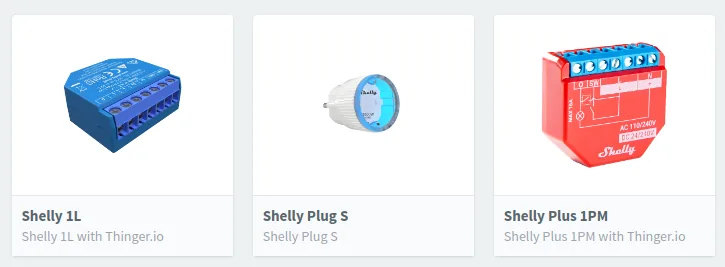 Plugin cards for Shelly 1L, Shelly Plug S and Shelly Plus 1PM in the marketplace