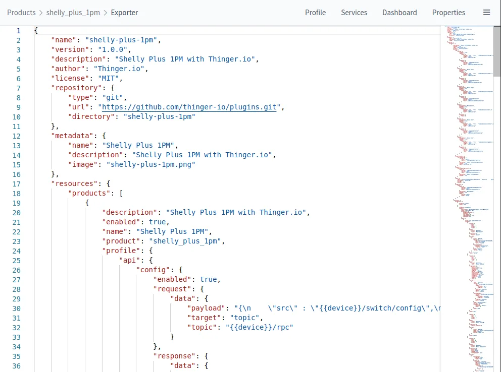 Exporter tab of the shelly_plus_1pm product showing the generated plugin JSON with name, version, metadata and product resources