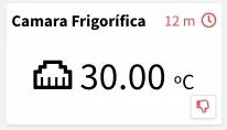 Animation of a Camara Frigorífica widget showing 30.00 °C with a red clock reading 12 m and an offline icon