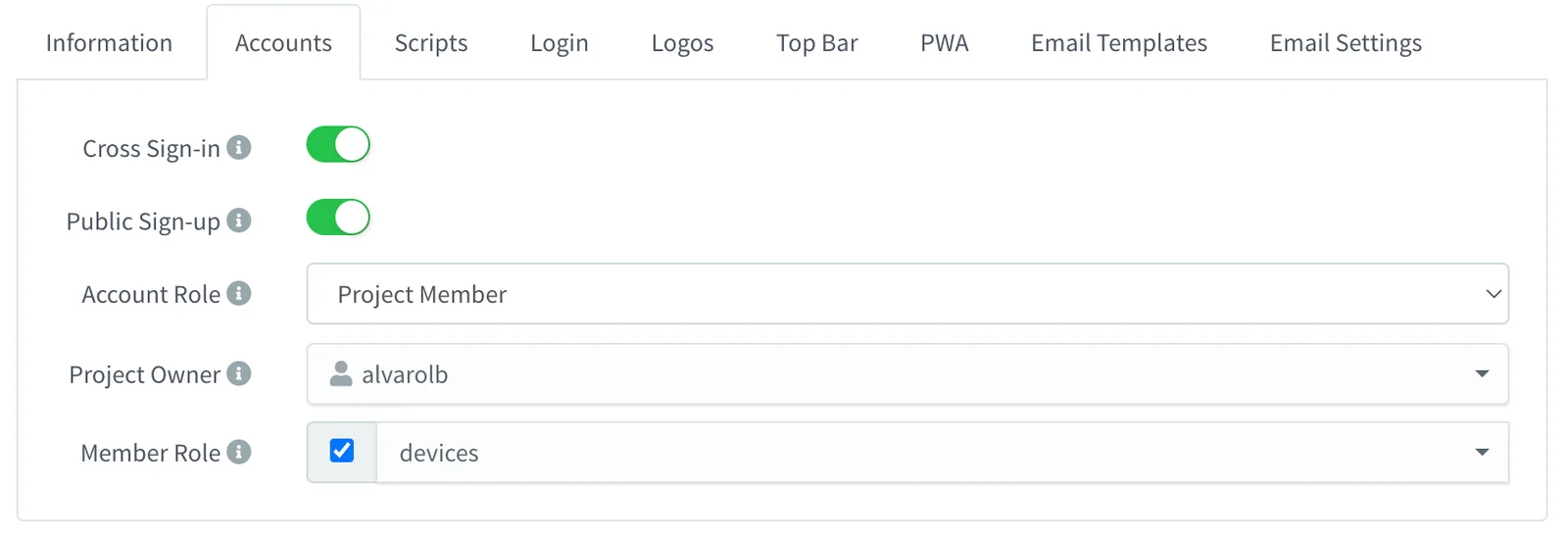 Accounts tab of a brand with the Cross Sign-in and Public Sign-up switches, Project Member as account role, a project owner and a devices member role