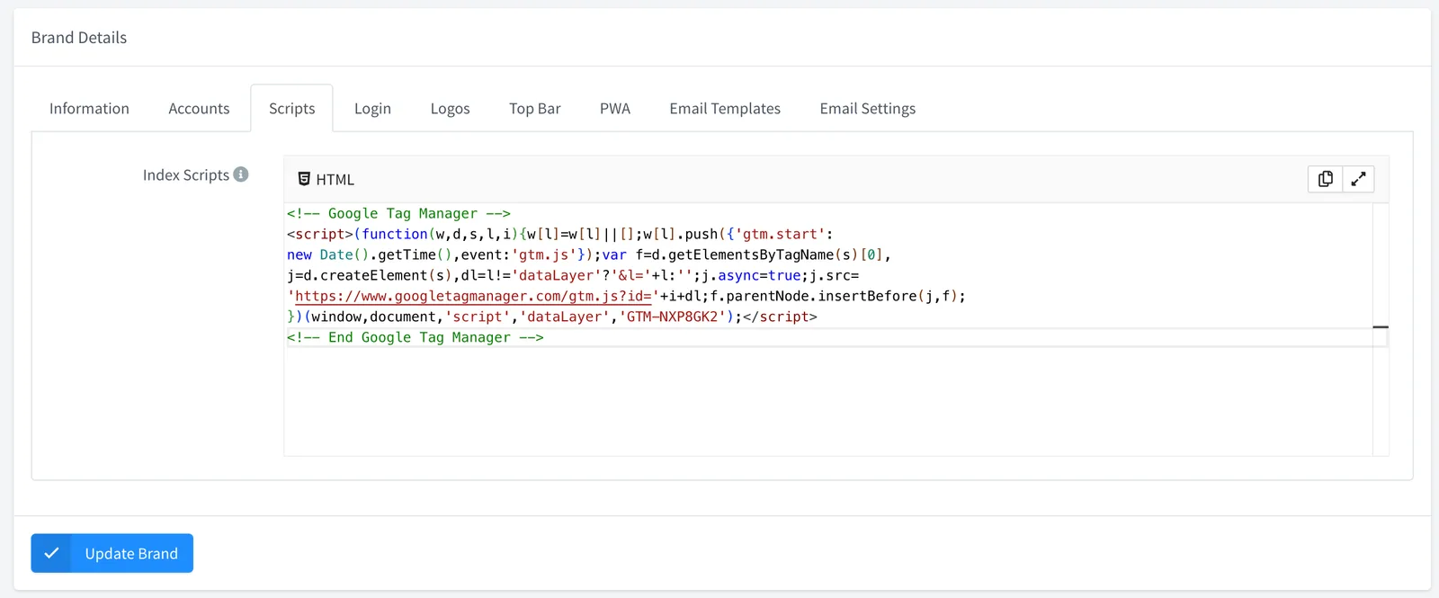 Scripts tab of a brand with a Google Tag Manager snippet in the Index Scripts editor