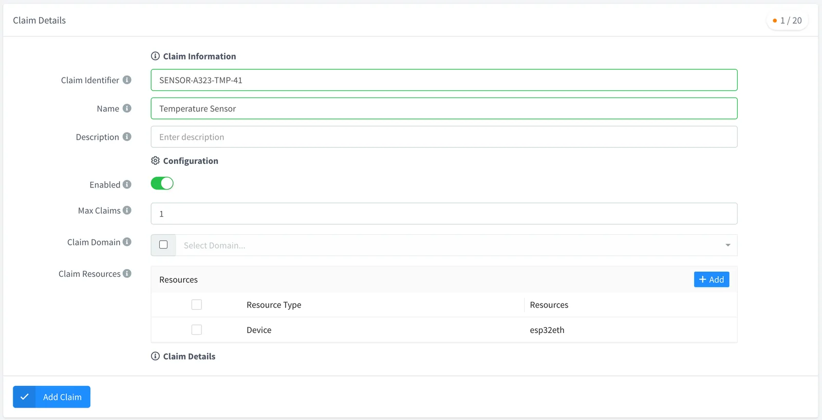 Claim form for SENSOR-A323-TMP-41 named Temperature Sensor, enabled with one maximum claim and the esp32eth device as claim resource