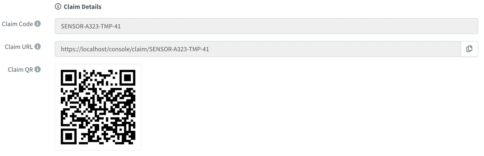 Claim Details with the claim code SENSOR-A323-TMP-41, its claim URL and a QR code