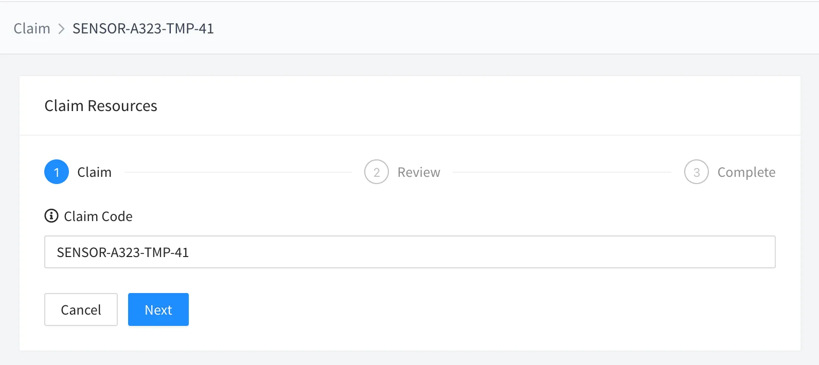 Claim Resources page on step 1, Claim, with the claim code filled in and a Next button