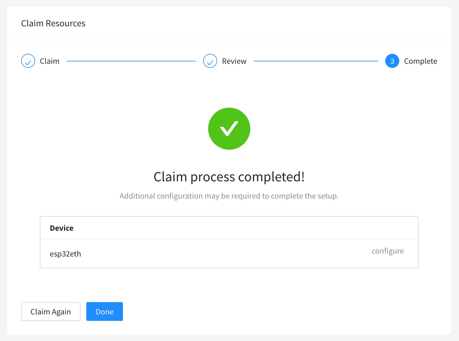 Claim Resources page on step 3 with the message Claim process completed and a configure link for the esp32eth device