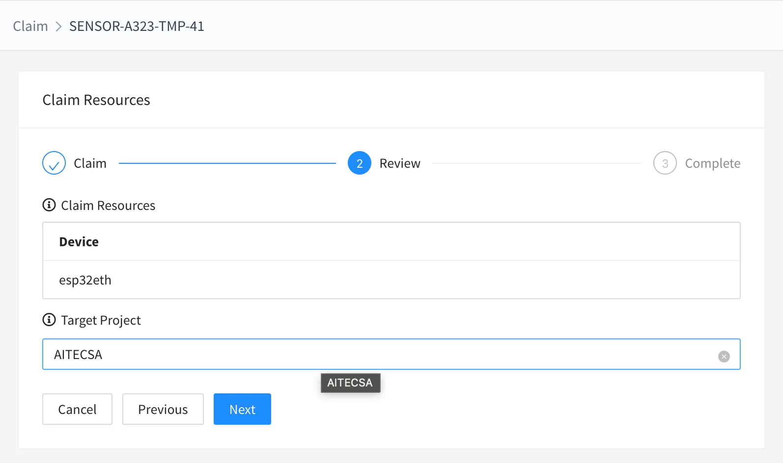 Claim Resources page on step 2, Review, listing the esp32eth device and the target project