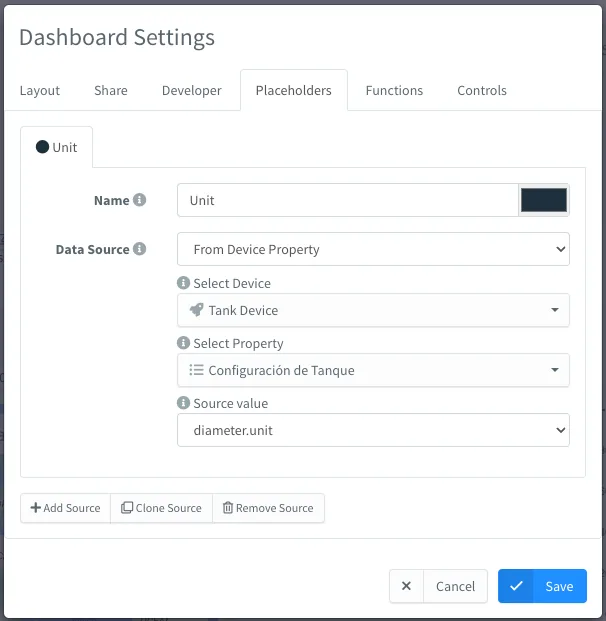 Placeholders tab of the Dashboard Settings with a Unit placeholder taken from the diameter.unit value of a device property