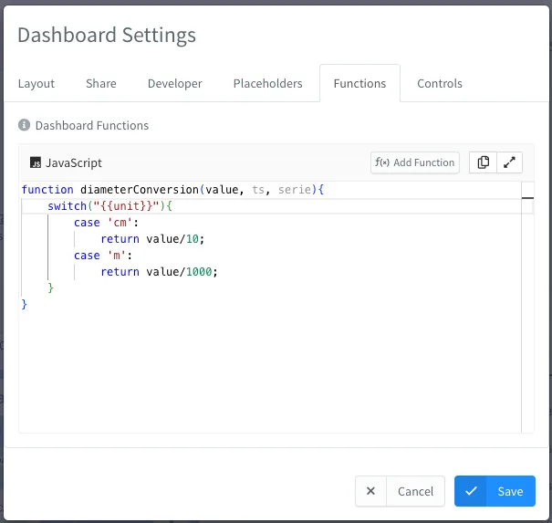 Dashboard function diameterConversion that switches on the unit placeholder to divide the value by 10 or 1000