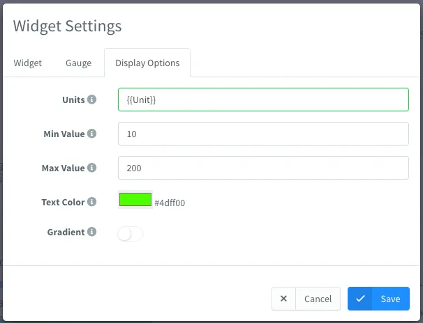 Gauge widget Display Options with the Unit placeholder in the Units field