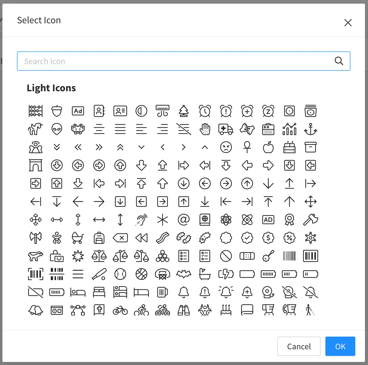 Select Icon dialog with a search box and a grid of light icons