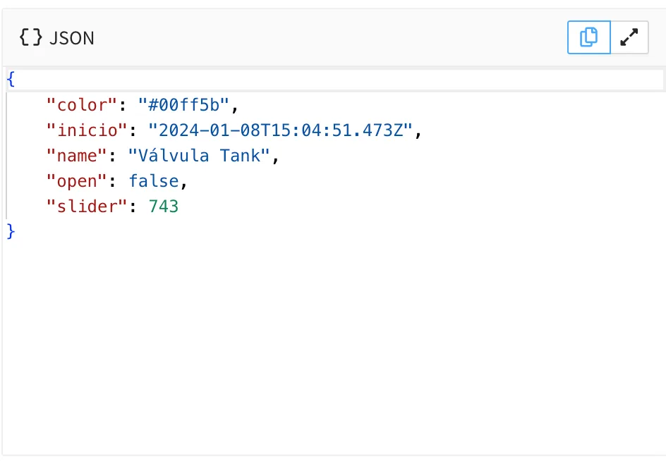JSON editor with copy and maximize buttons showing a property value with color, inicio, name, open and slider fields