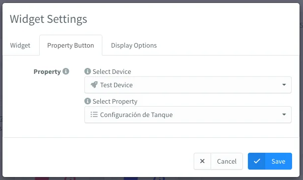 Property Button widget settings with a device and the Configuración de Tanque property selected