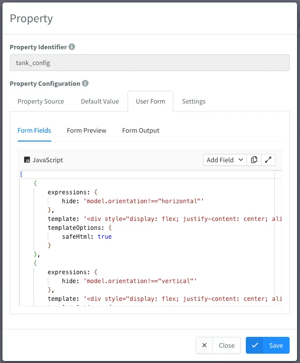 User Form tab of the tank_config property with the Formly field definition in a JavaScript editor