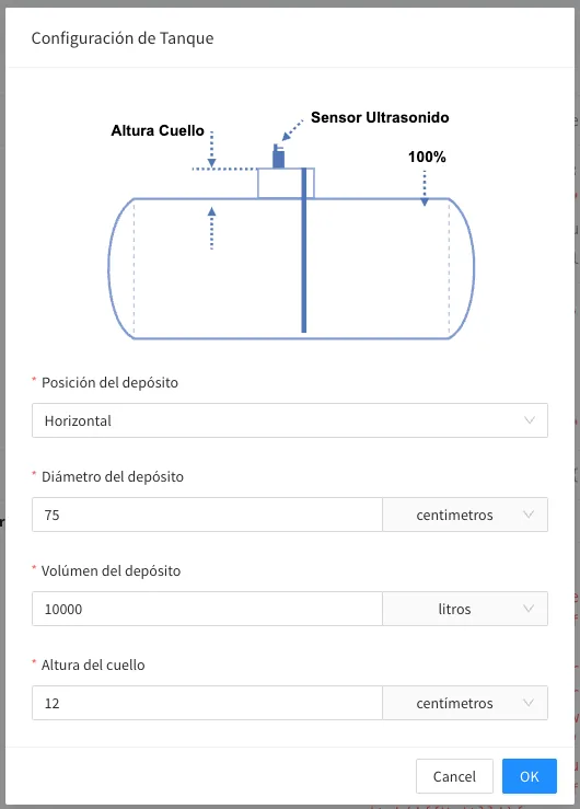 Tank configuration form with a diagram of the tank and fields for its position, diameter, volume and neck height