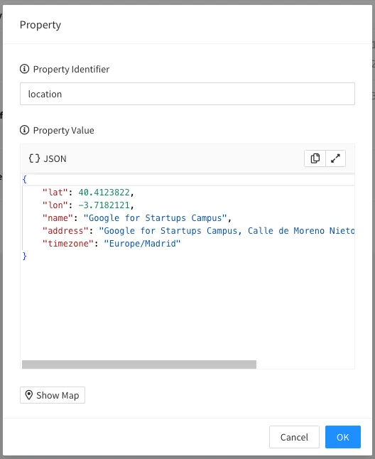 JSON value of the location property with lat, lon, name, address and timezone fields