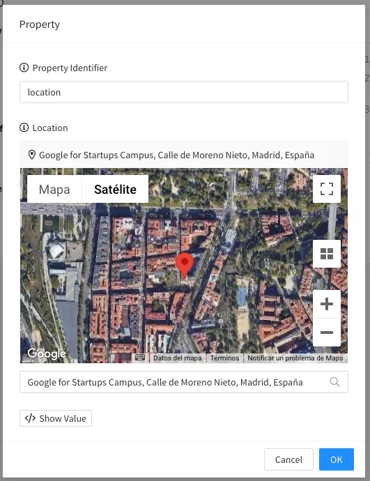 Location property editor with a satellite map, a pin and an address search bar