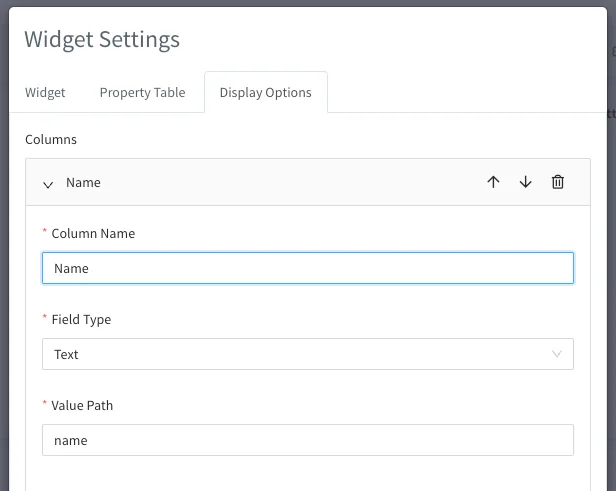 Property Table Display Options with a Name column of type Text and the value path name