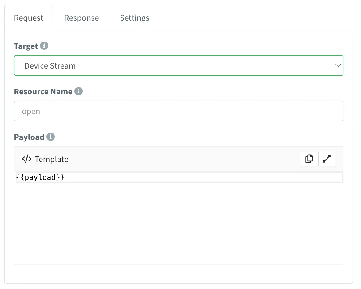 Product API resource Request tab with Device Stream as target, the resource name open and a payload template