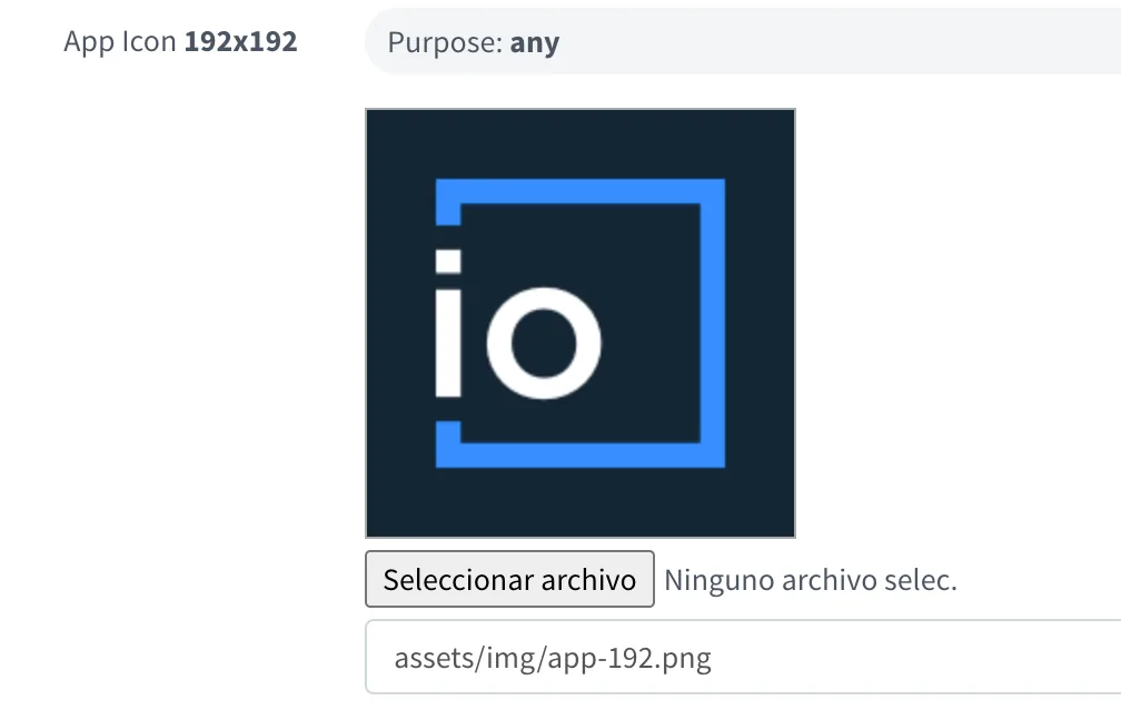 Brand PWA App Icon 192x192 with purpose any, the current icon preview, a file picker and the path assets/img/app-192.png