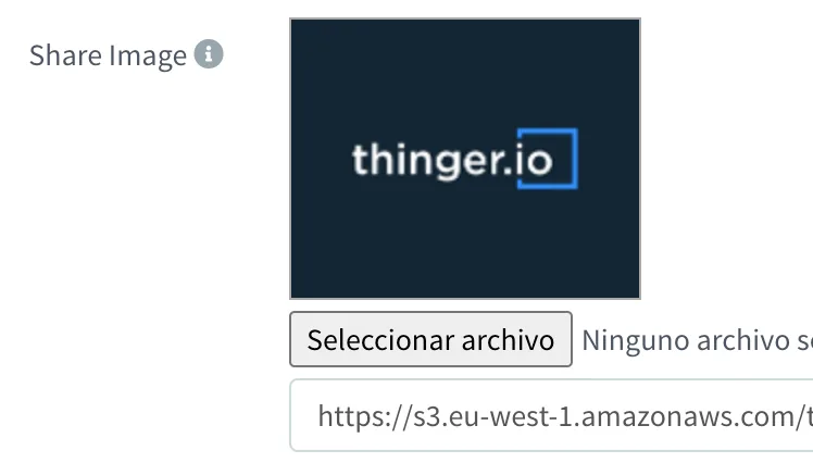Brand Share Image with a thinger.io logo preview, a file picker and the image URL