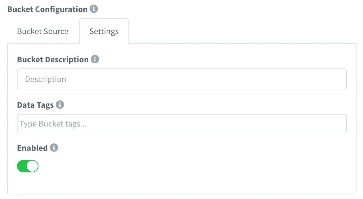Product bucket Settings tab with the description, the Data Tags field and the Enabled switch