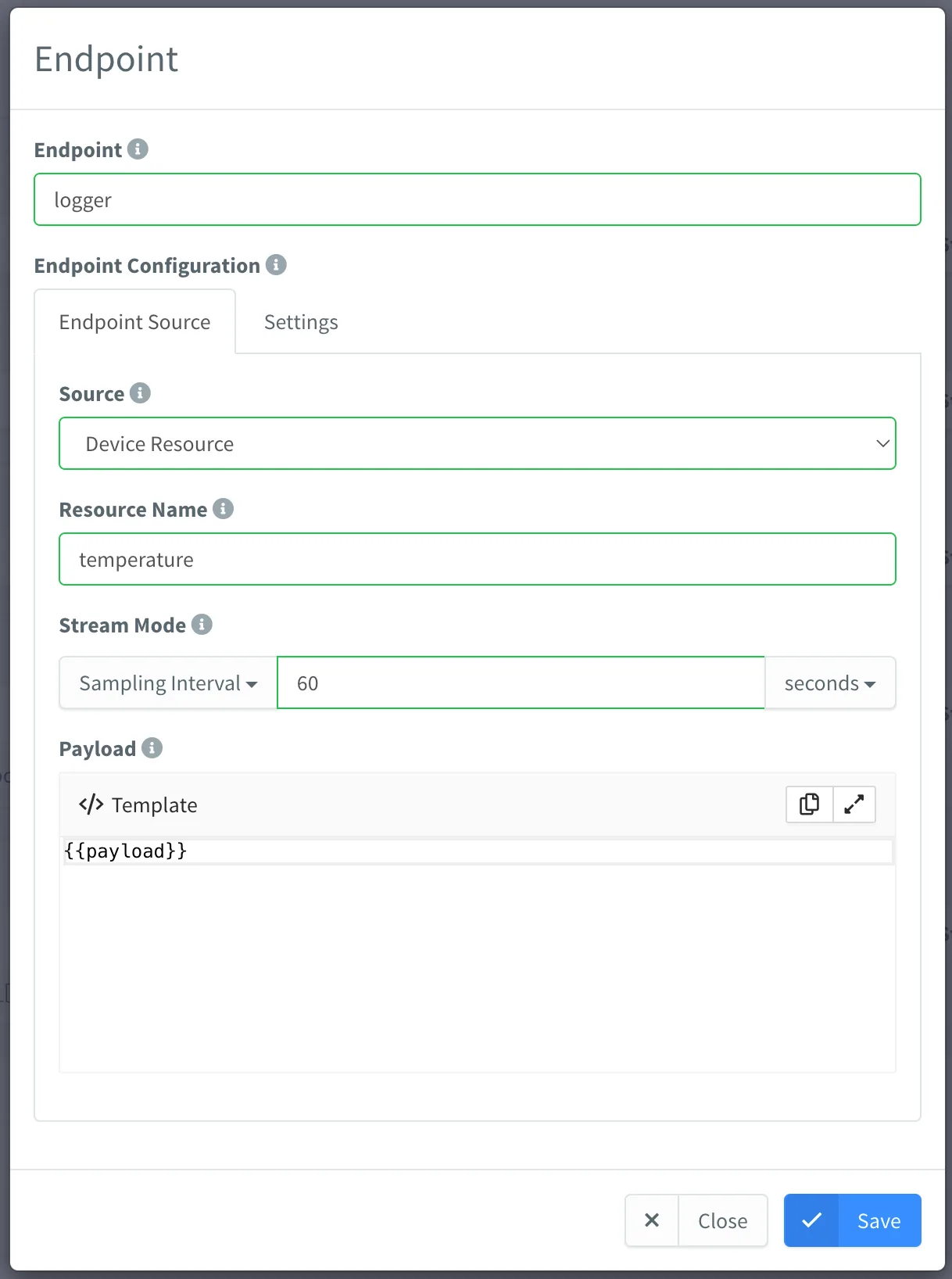 Product Endpoint dialog for logger with Device Resource source, the temperature resource sampled every 60 seconds and a payload template
