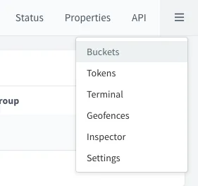 Device menu open with the Buckets, Tokens, Terminal, Geofences, Inspector and Settings options