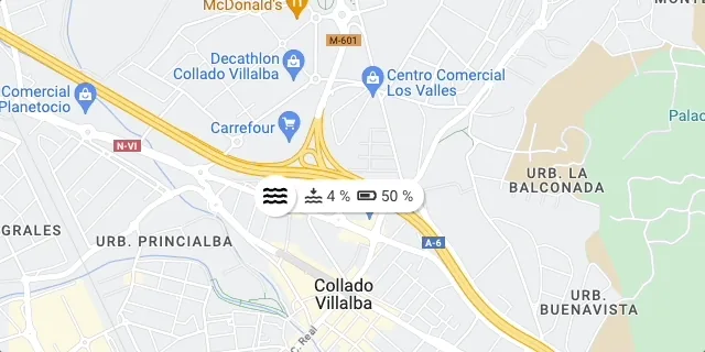 Animation of an Assets Map with a water level icon showing 4 % and battery 50 %; clicking it opens a card for Test Device with the water and battery levels