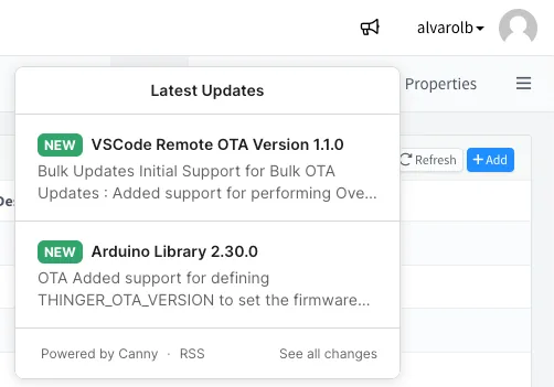 Latest Updates popup under the megaphone icon of the top bar, listing VSCode Remote OTA 1.1.0 and Arduino Library 2.30.0